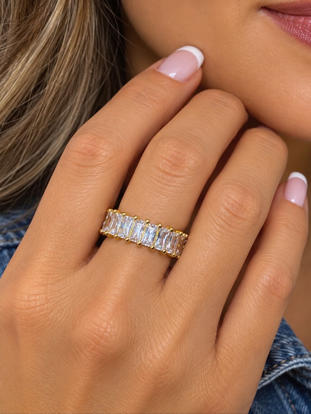 Gold Tone Emerald Cut CZ Eternity Infinity Band Ring – Size 7